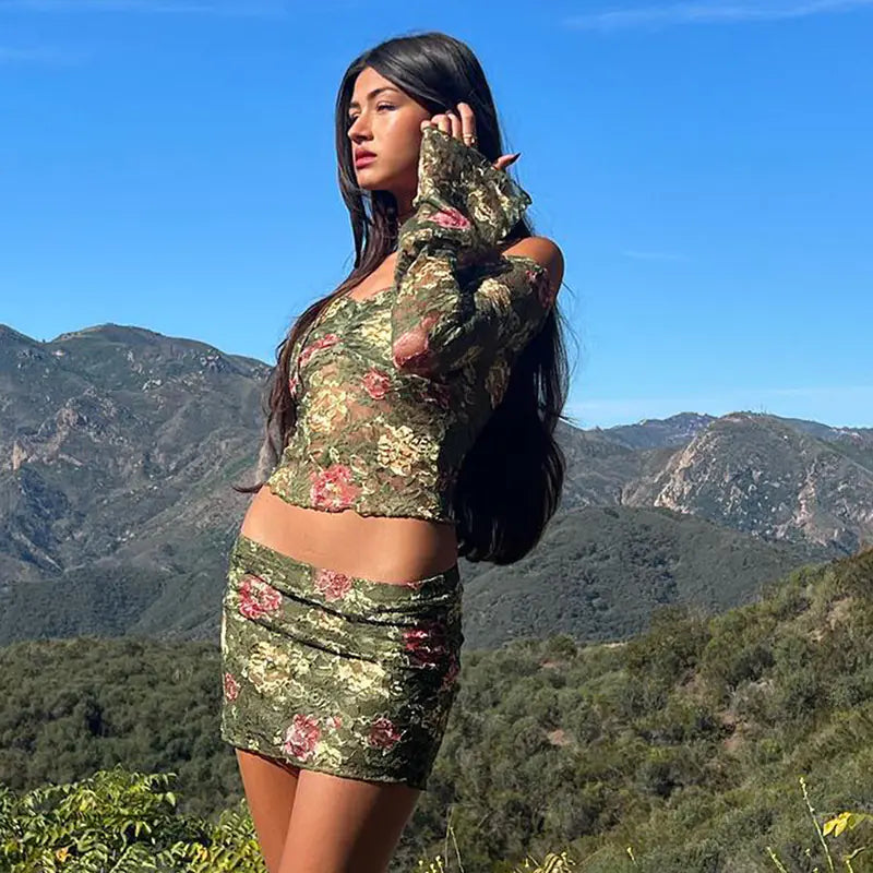 Orchard Printed Lace Mini Skirt and Crop Top Set