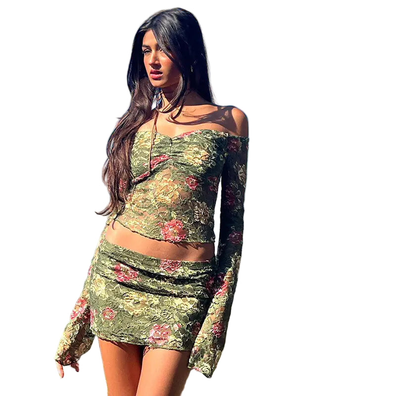 Orchard Printed Lace Mini Skirt and Crop Top Set