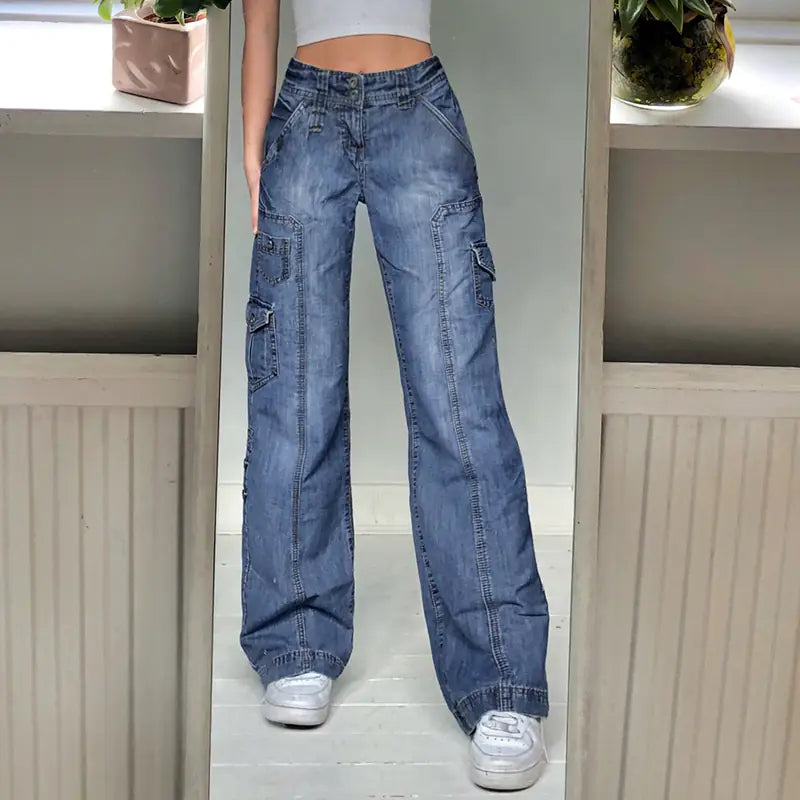 90s Vintage High Waist Baggy Cargo Jeans for Women