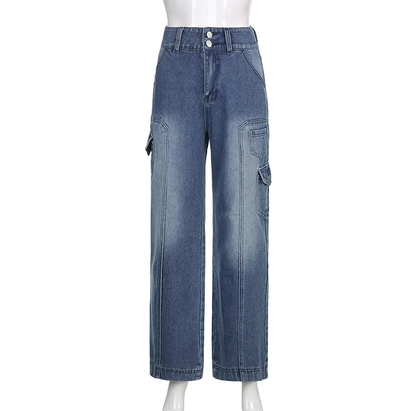 90s Vintage High Waist Baggy Cargo Jeans for Women
