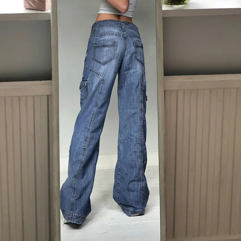 90s Vintage High Waist Baggy Cargo Jeans for Women
