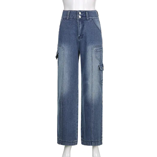 90s Vintage High Waist Baggy Cargo Jeans for Women